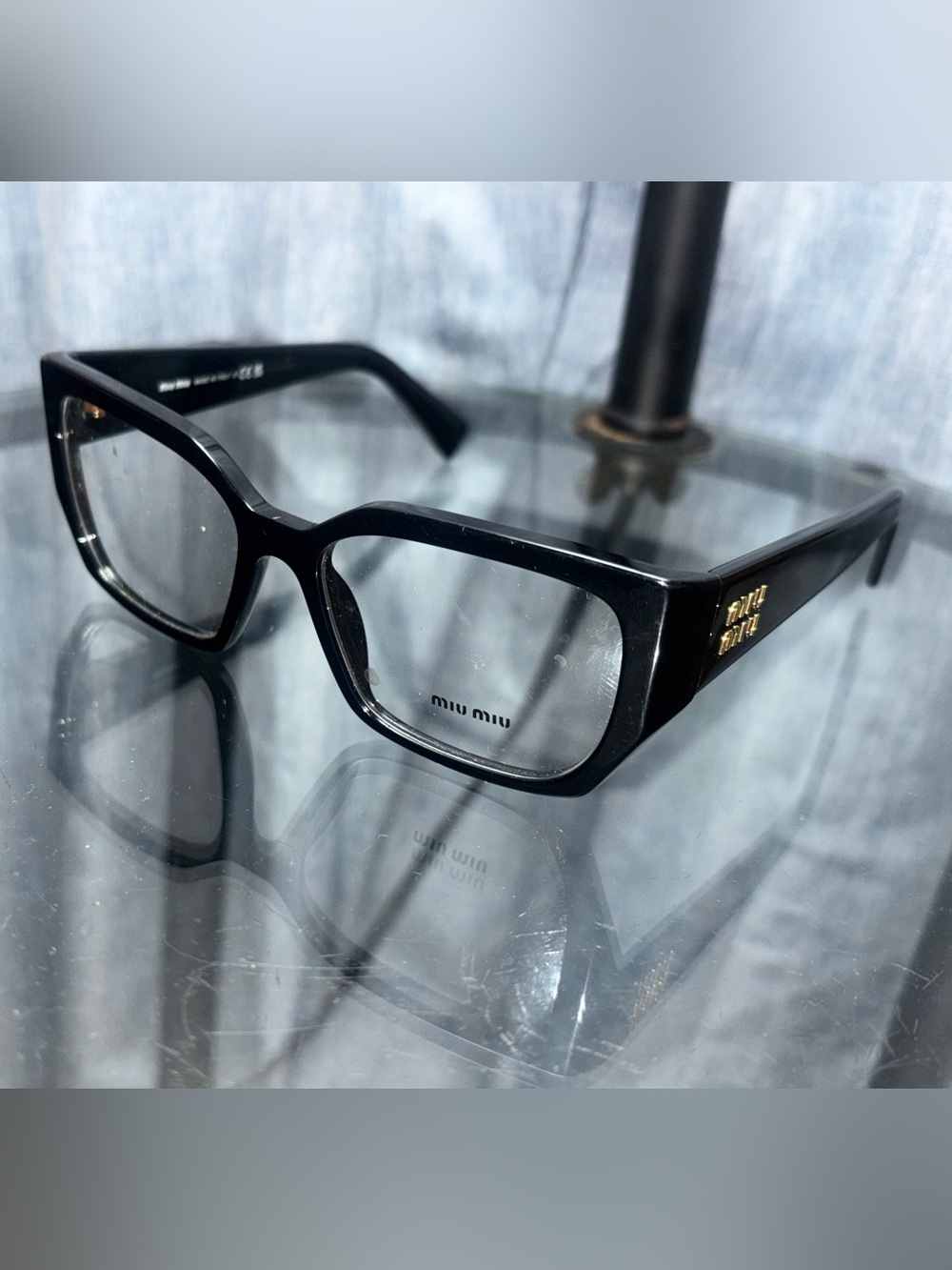 Miu Miu Black Rectangular Acetate Glasses with Gold Logo